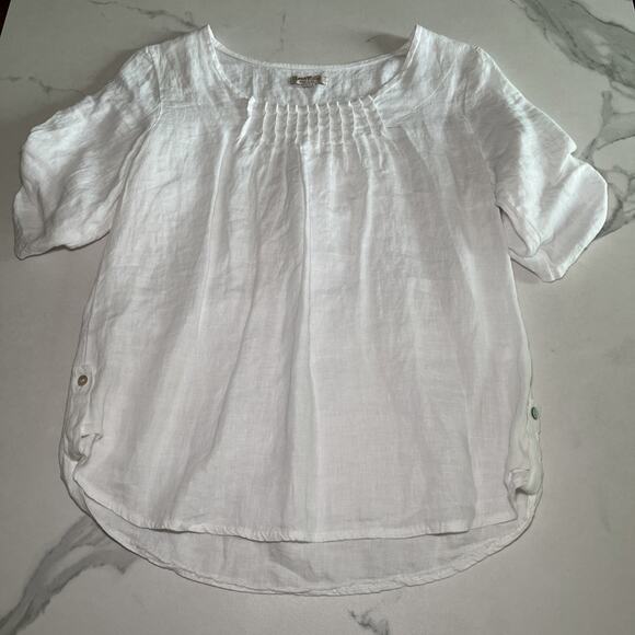 Lina Tomei Size Small Made In Italy White Linen Short Roll Tab Sleeves Pleated - Picture 1 of 11